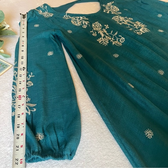 Women’s Embroidered Boho Mini Dress Teal Long Puff Sleeve - Picture 6 of 13
